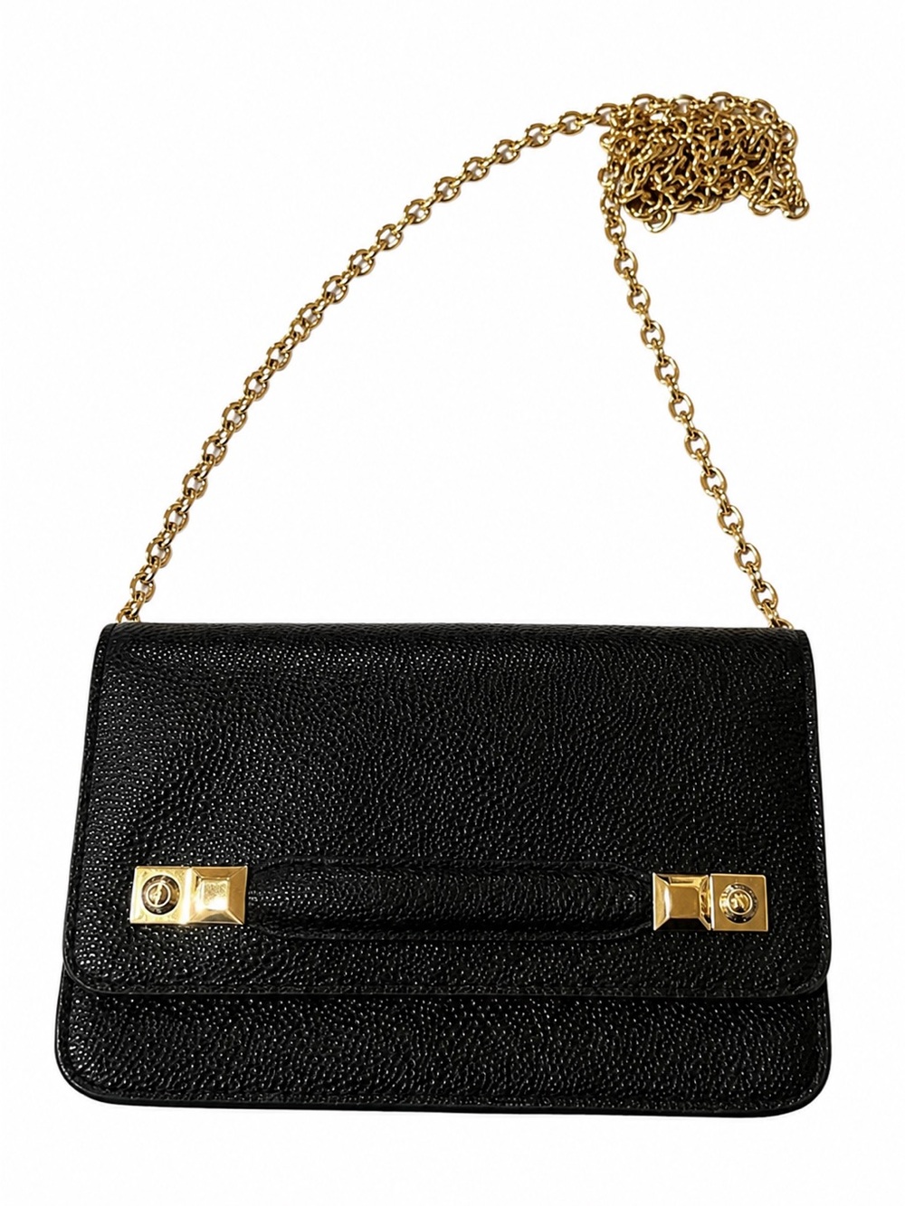 Henri Bendel Black Pebbled Leather Wallet On Chain Crossbody Clutch Gold WOC
